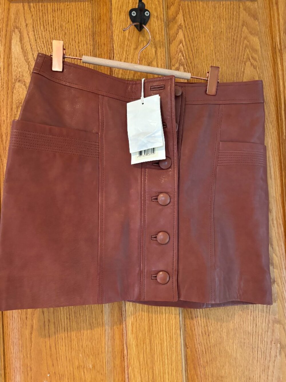 Sezane Burgundy Button-Front Leather Mini Skirt